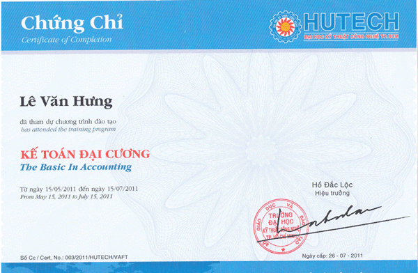 Mẫu chứng chỉ kế toán đại cương, nhập môn kế toán