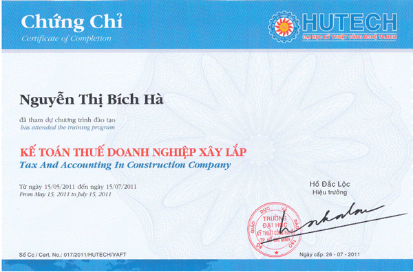 Mẫu chứng chỉ kế toán thuế xây dựng ,xây lắp